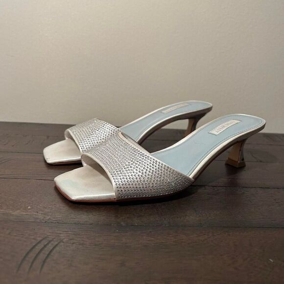 Nine West square toe Silver block heel rhinestone heels 8 - Picture 1 of 8